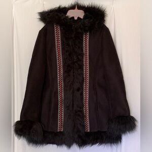 Viamos Penny Lane Coat Faux Suede and Fur Trim Embroidered Detail Black Large